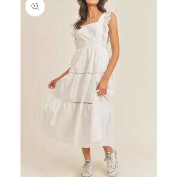 Mable Lulu Ruffle Sleeve Square Neck White Midi Dress Tie Open Back Women’s Sz S - Picture 1 of 10